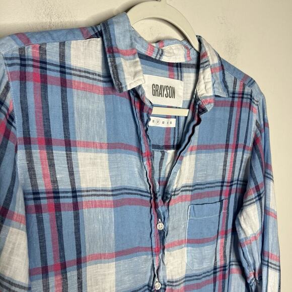 Grayson The Hero Shirt Womens Small Blue Plaid Linen Button Up Casual Preppy - Picture 2 of 10